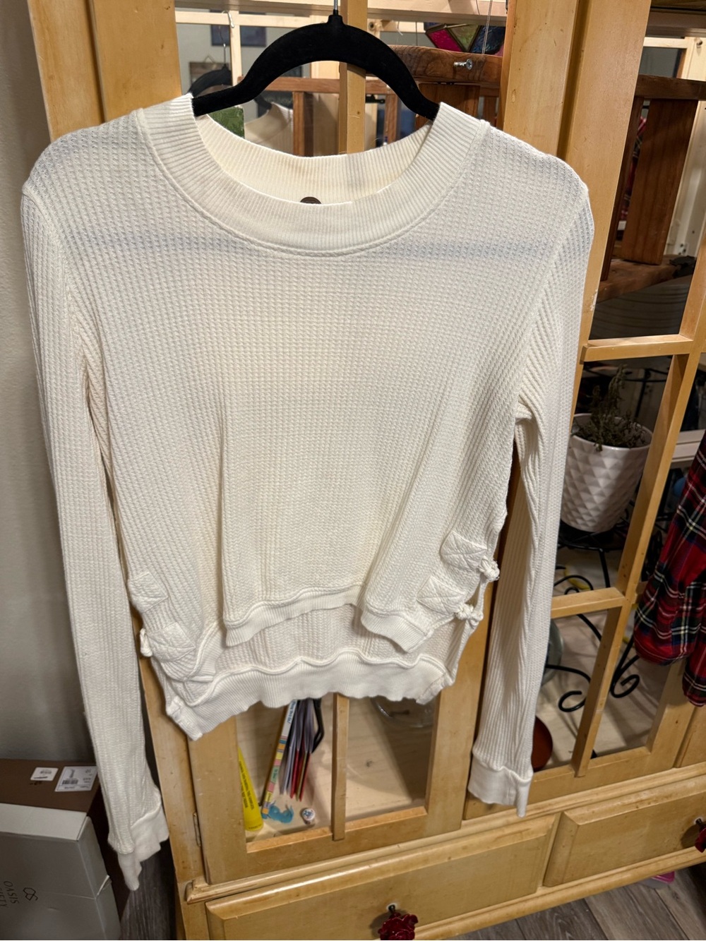 Free People Cream Waffle-Knit Long Sleeve Top
